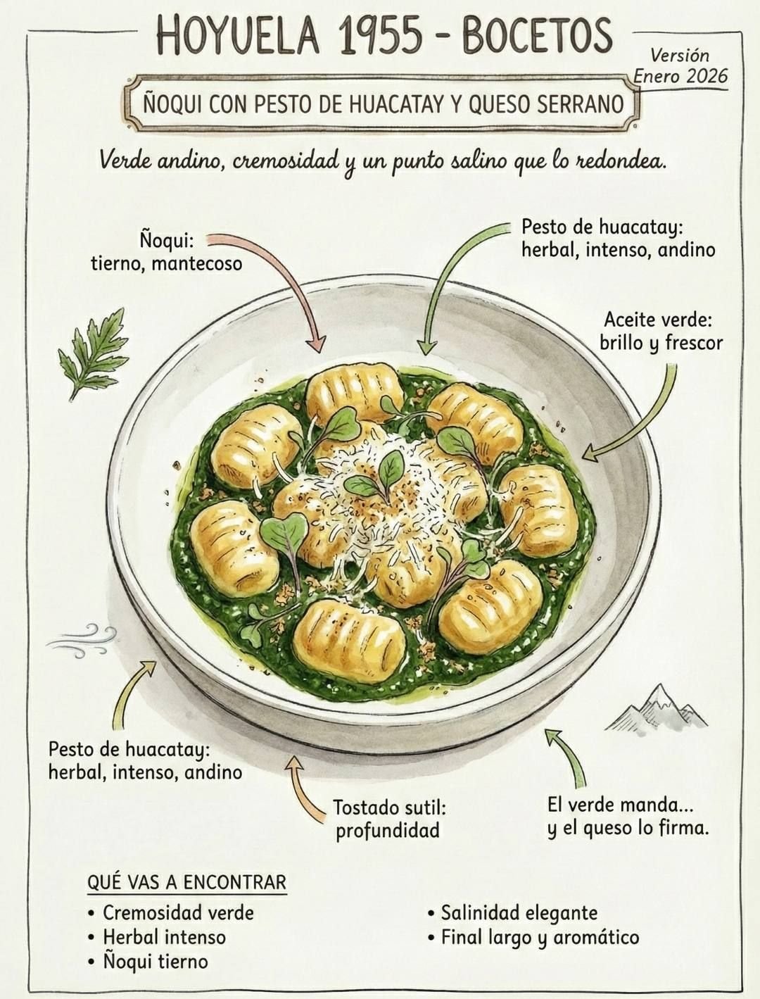 Boceto · Noqui con pesto de huacatay
