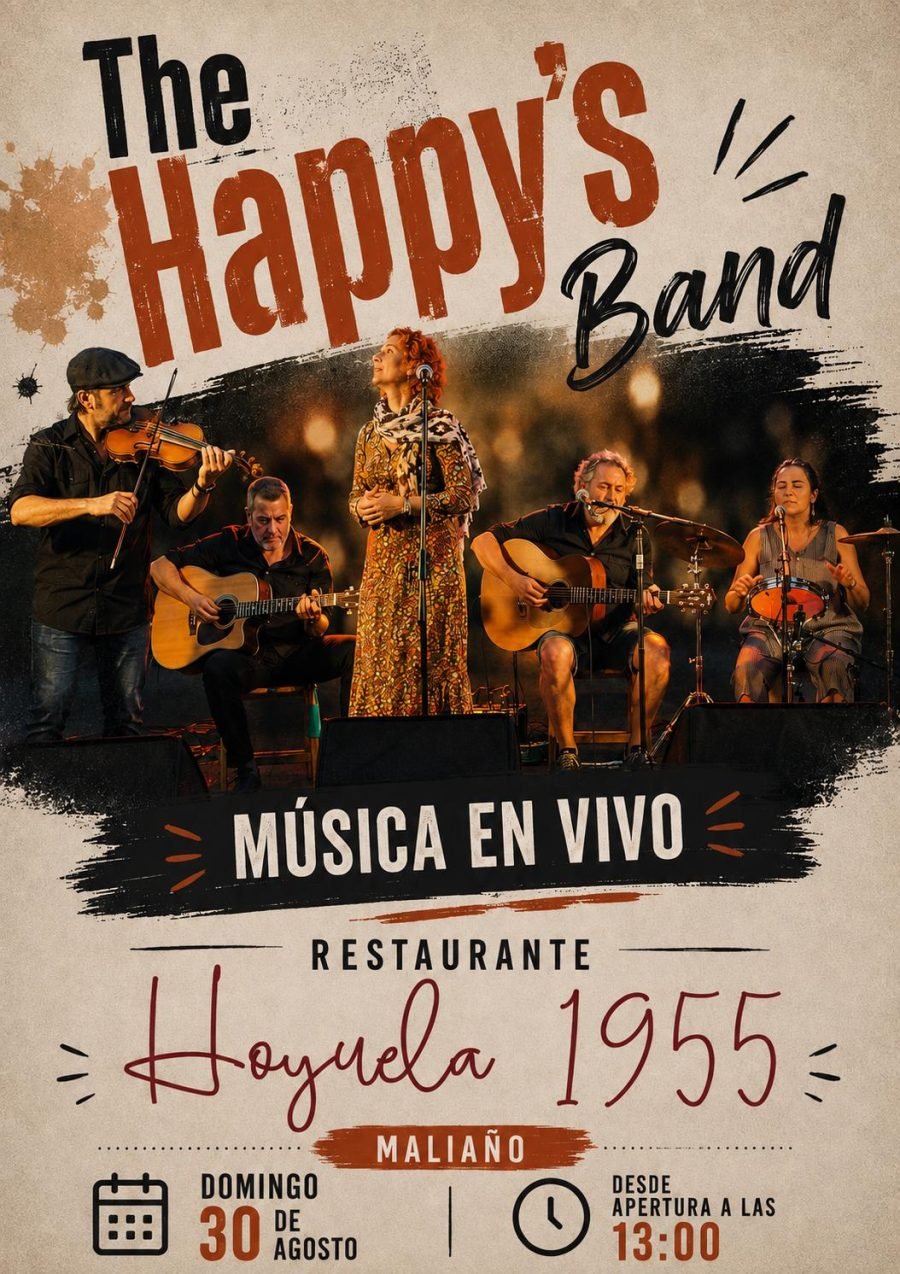 Cartel de The Happy's Band en directo en el Restaurante Hoyuela 1955, Maliaño. Domingo 30 de agosto, desde la apertura a las 13:00.